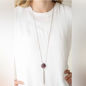 Silver Tone Purple Pendant Tassel Necklace | Rhinestone Halo Long Chain